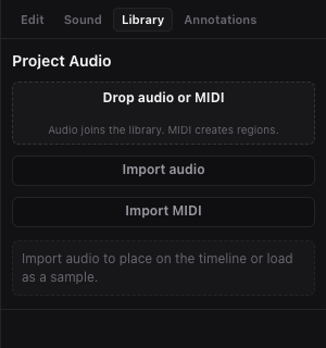 Miao Library panel with imported project audio and place or sampler actions