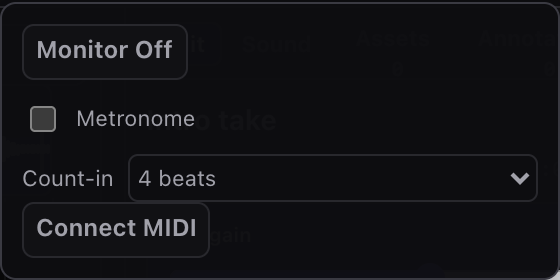 Miao Audio menu with monitoring, metronome, count-in, MIDI, and audio errors