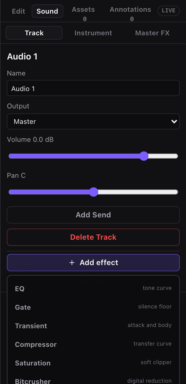 Miao add Track Effect menu