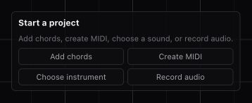 Miao empty project prompt with Add chords, Create MIDI, Choose instrument, and Record audio actions