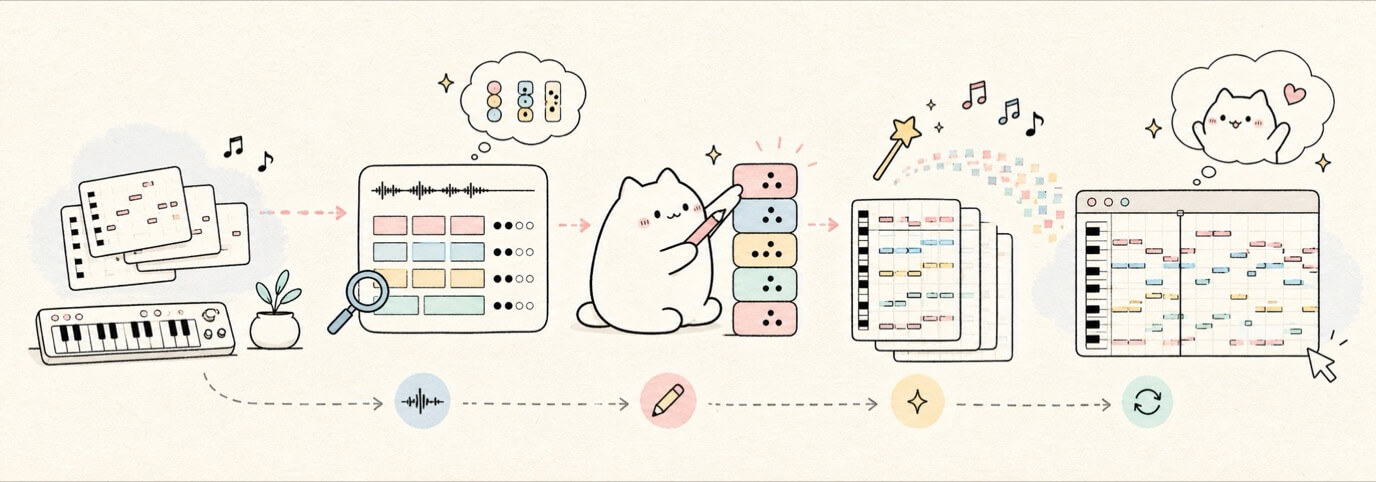 Cute hand-drawn Miaou cat reviewing chord analysis and generated MIDI blocks.