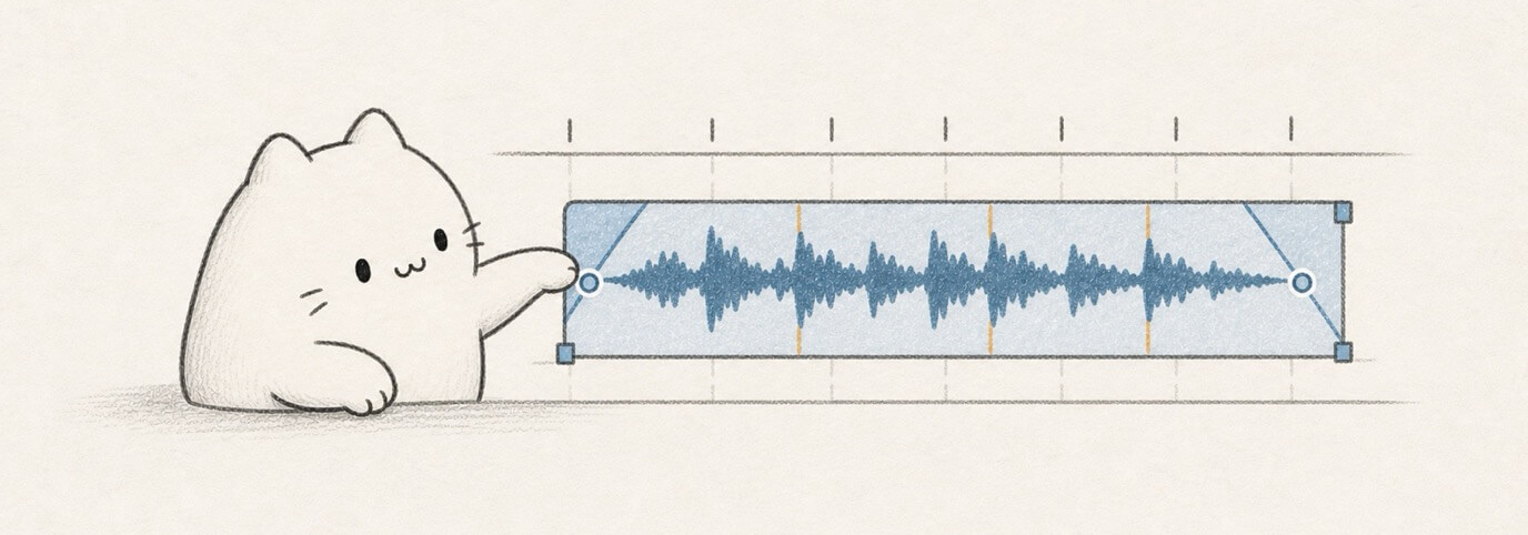 Cute hand-drawn Miaou cat editing a waveform region with fade and trim handles.