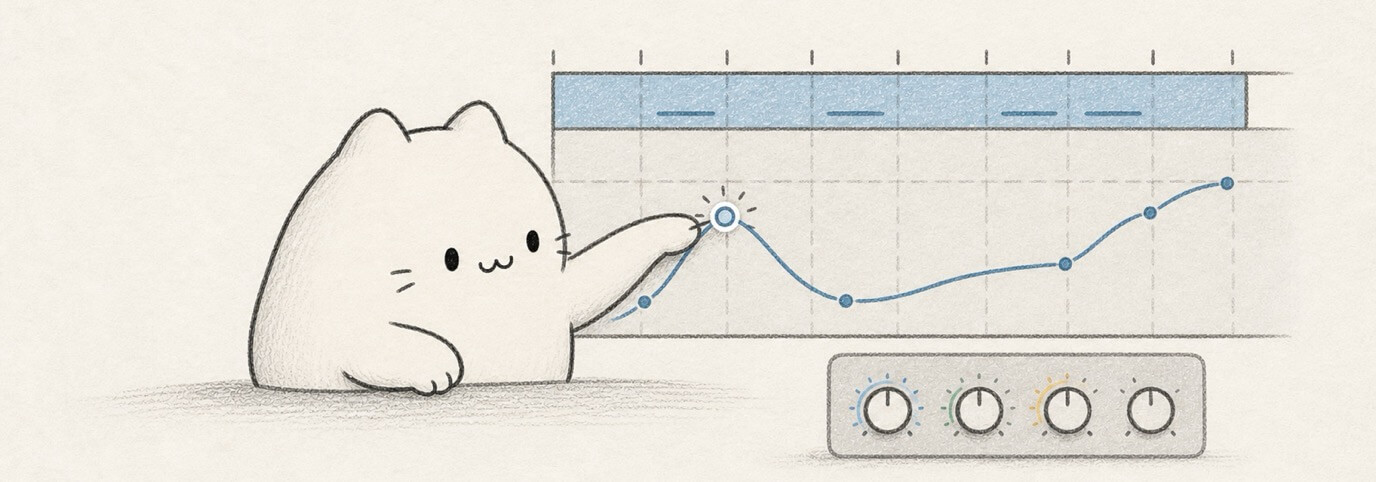 Cute hand-drawn Miaou cat editing an automation curve with points and effect knobs.