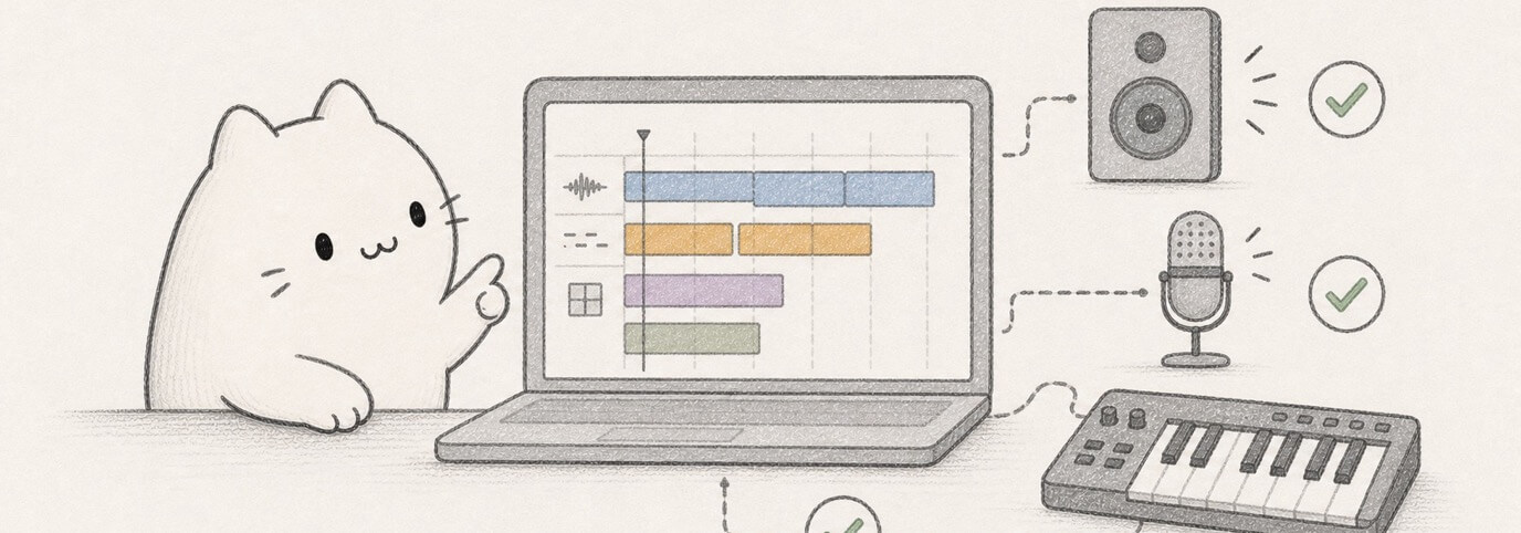 Cute hand-drawn Miaou cat checking browser audio, microphone input, and a MIDI keyboard.