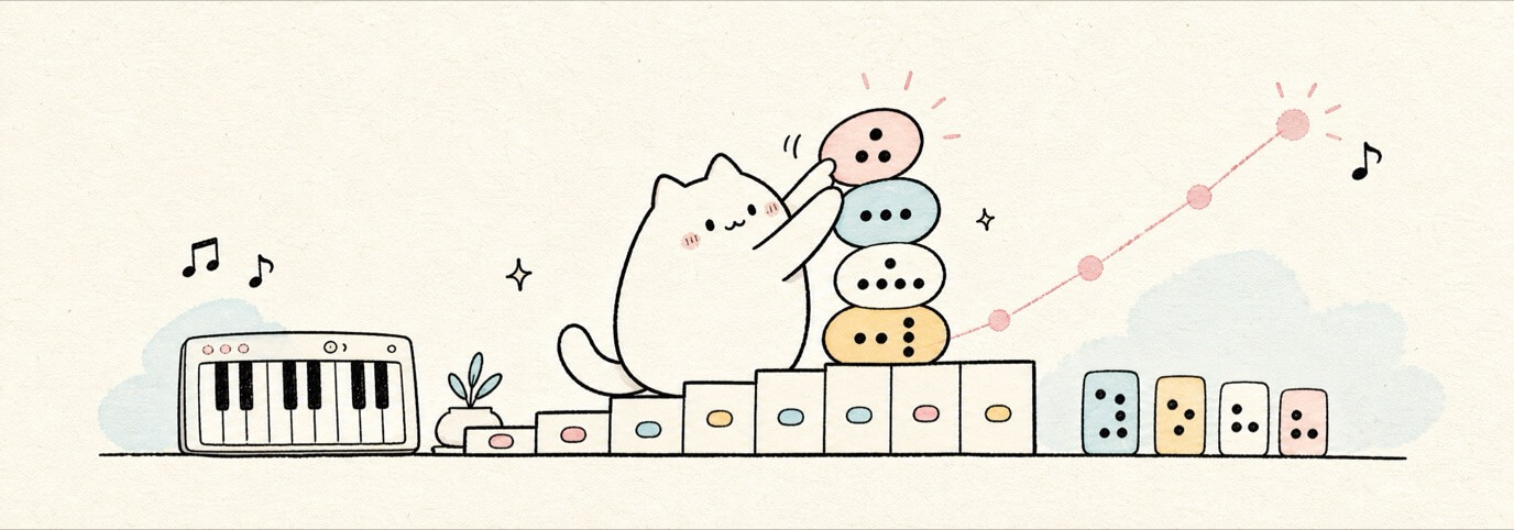 Cute hand-drawn Miaou cat stacking chord bubbles over a scale ladder.