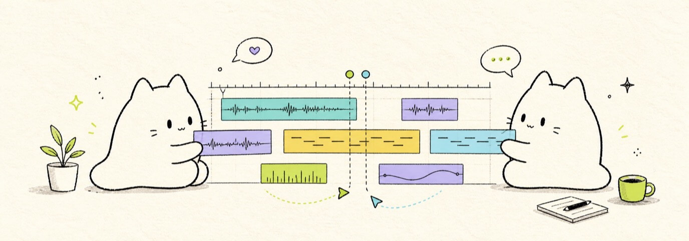 Two cute hand-drawn Miaou cats collaborating on the same project timeline.