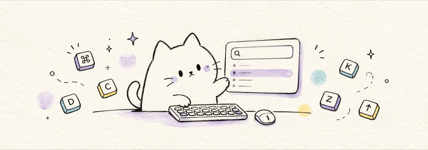 Cute hand-drawn Miaou cat using Actions search and keyboard shortcuts.