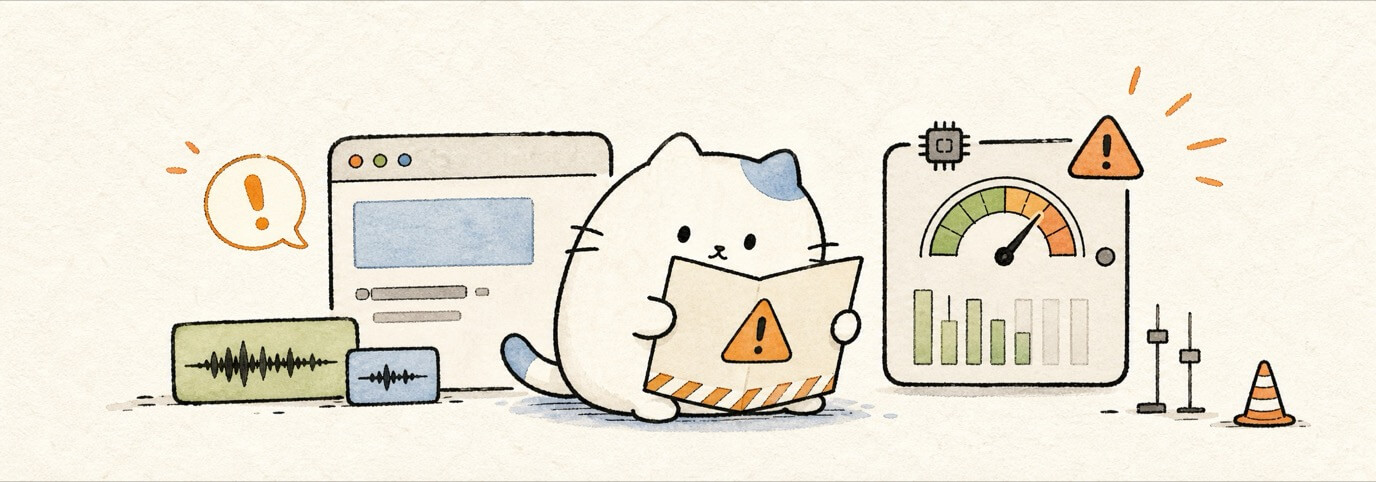 Cute hand-drawn Miaou cat reading a limit sign beside a small meter.