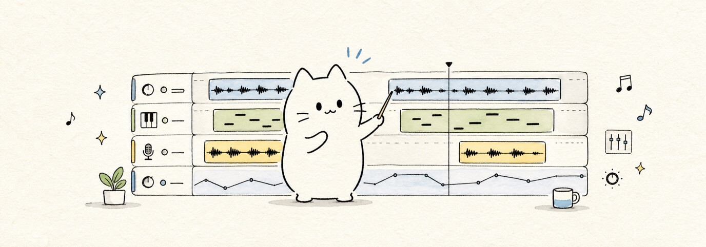 Cute hand-drawn Miaou cat explaining tracks, regions, audio, and MIDI blocks.