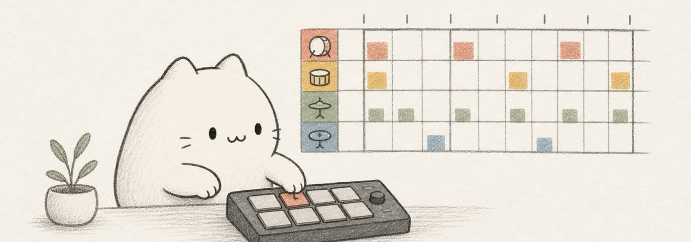 Cute hand-drawn Miaou cat programming a drum beat with pads and a beat grid.