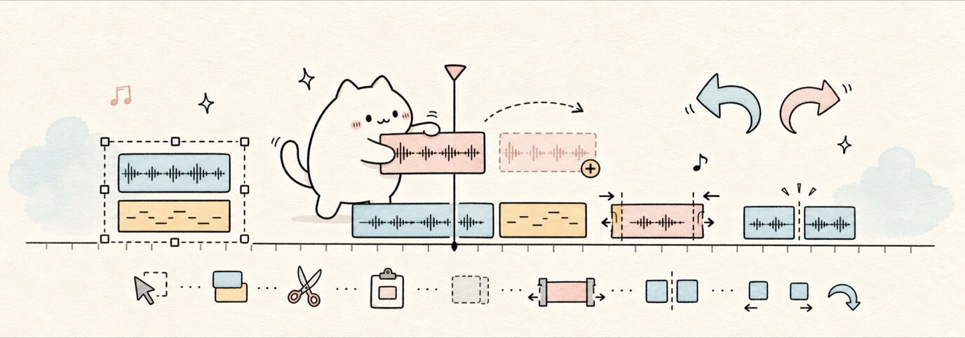 Cute hand-drawn Miaou cat selecting, copying, trimming, and undoing editable music blocks.