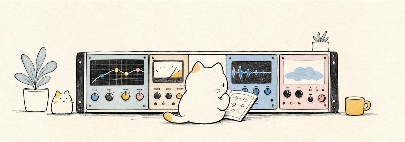 Cute hand-drawn Miaou cat reading a rack of effects and meters.