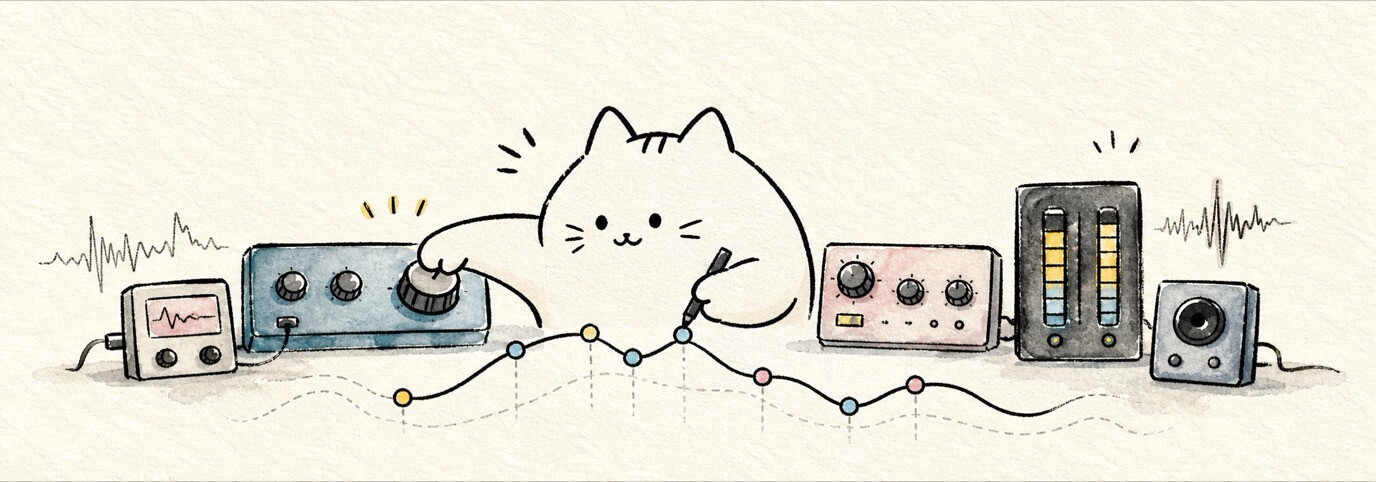 Cute hand-drawn Miaou cat turning effect knobs and drawing automation points.