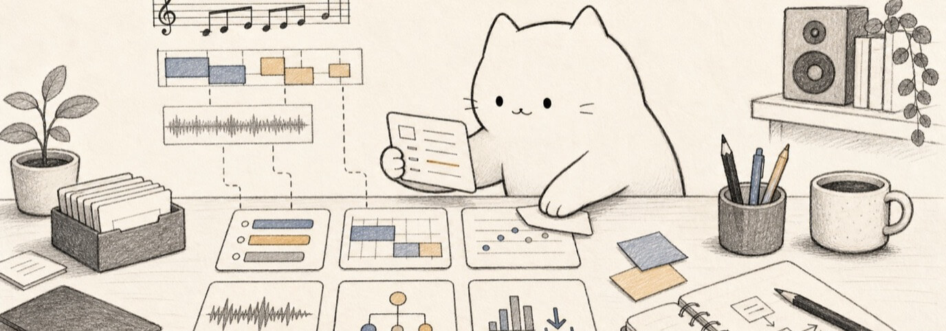 Cute hand-drawn Miaou cat organizing DAW vocabulary cards for tracks, regions, MIDI, audio, routing, and export.