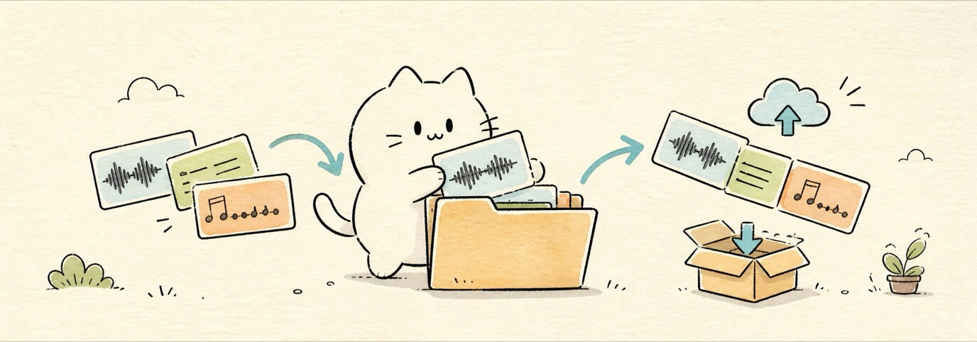 Cute hand-drawn Miaou cat moving audio files into and out of a project folder.