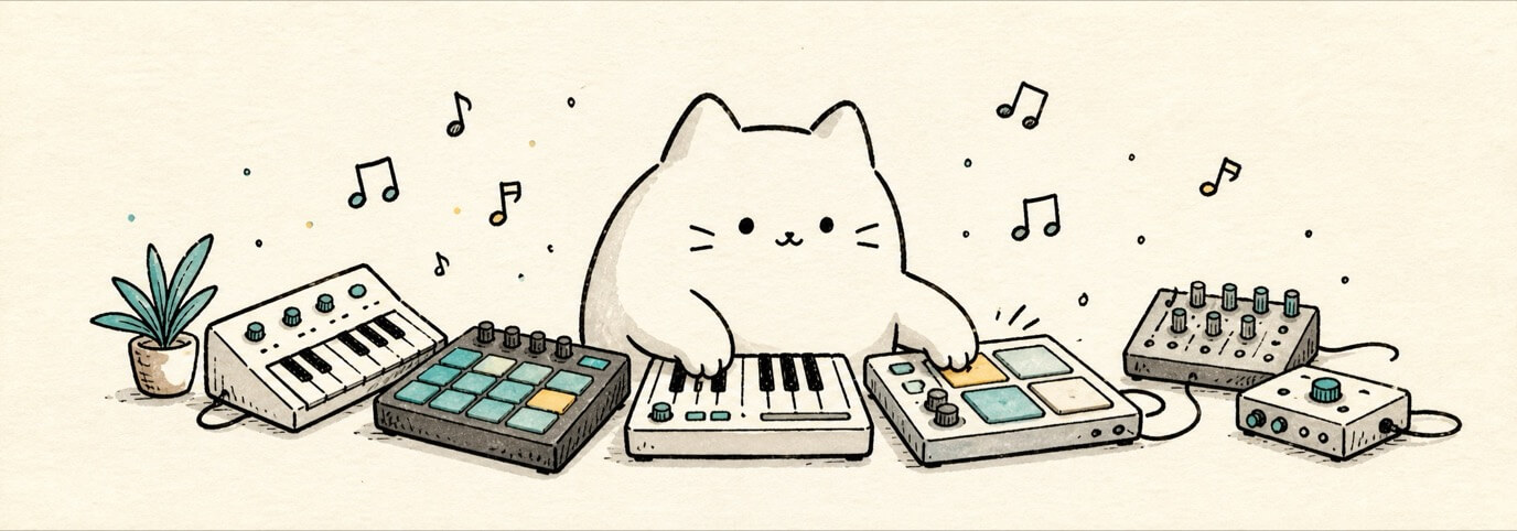 Cute hand-drawn Miaou cat playing tiny keys and drum pads.