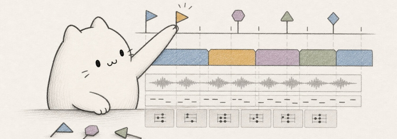 Cute hand-drawn Miaou cat arranging section marker flags on a timeline.