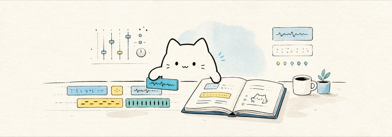 Cute hand-drawn Miaou cat arranging music blocks in a browser DAW manual.