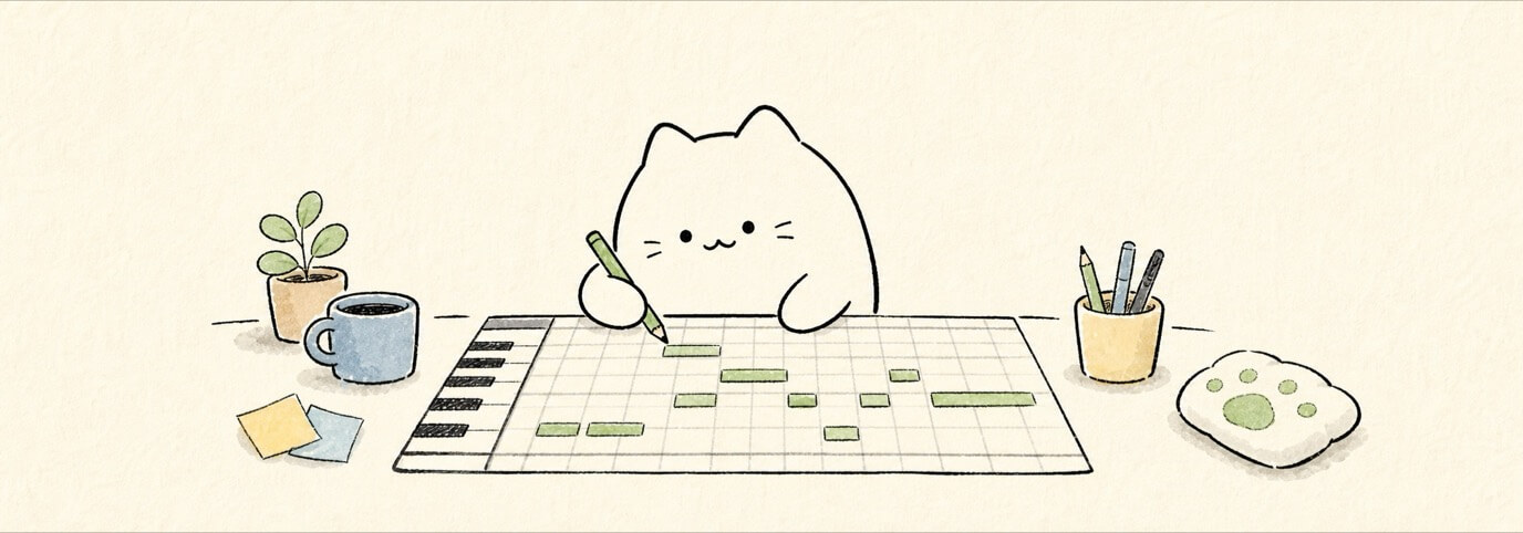Cute hand-drawn Miaou cat drawing MIDI notes over piano keys.