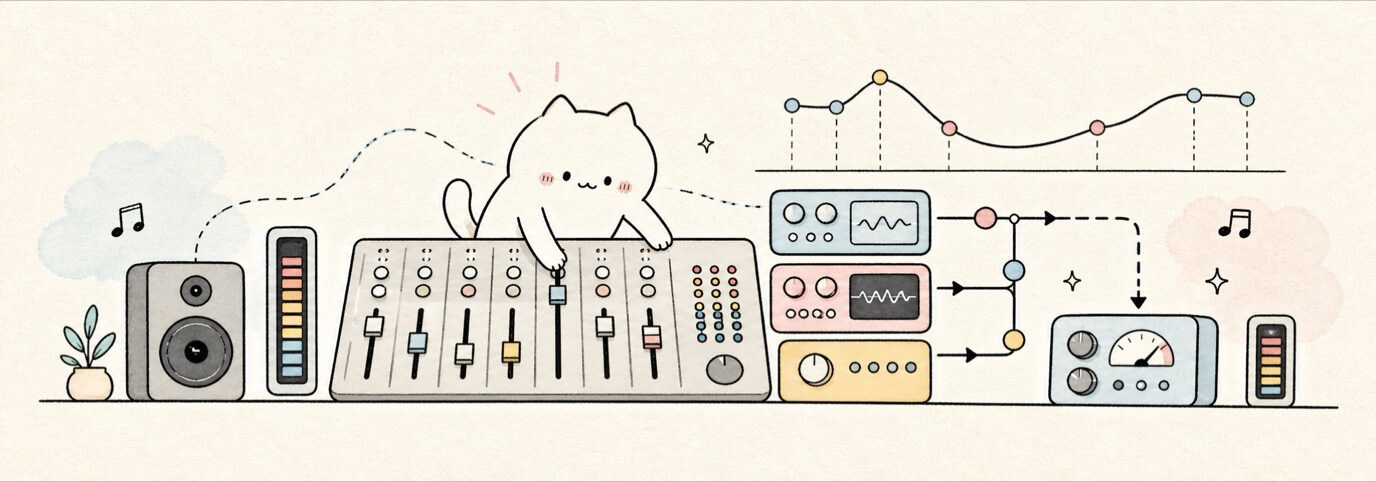 Cute hand-drawn Miaou cat balancing a mix with meters, effects, routing, and automation curves.