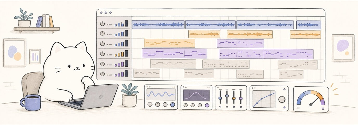 Cute hand-drawn Miaou cat optimizing a large browser DAW session with many tracks, meters, and a performance gauge.