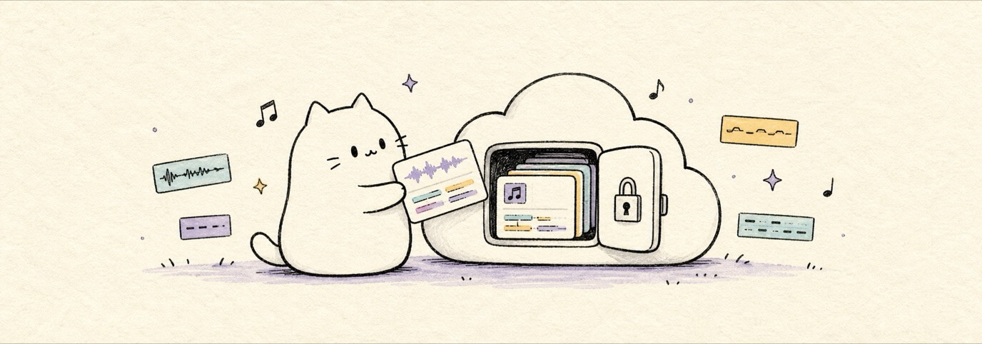 Cute hand-drawn Miaou cat saving a project into a small cloud vault.