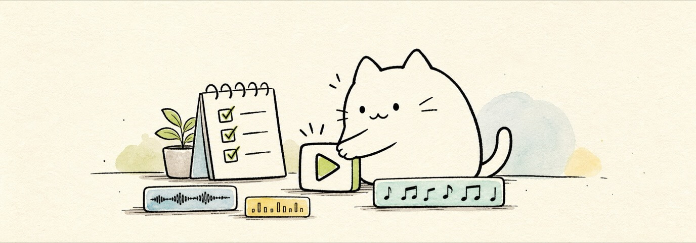 Cute hand-drawn Miaou cat pressing play on a new project checklist.