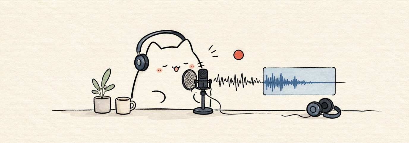 Cute hand-drawn Miaou cat recording into a microphone with waveform lines.