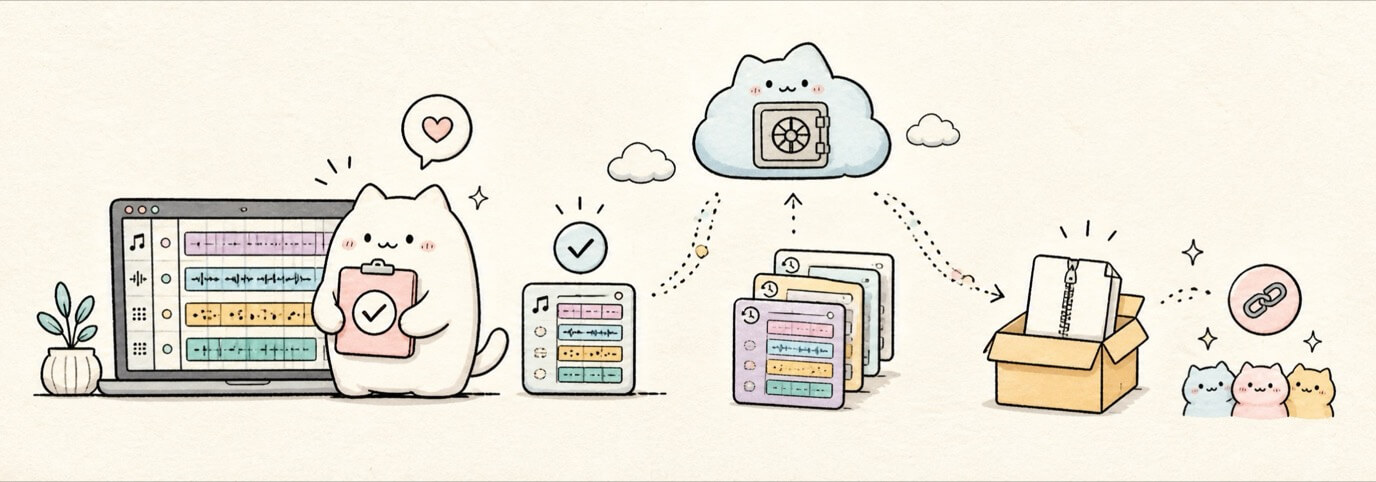 Cute hand-drawn Miaou cat checking save, share, history, and export status before sending a project.