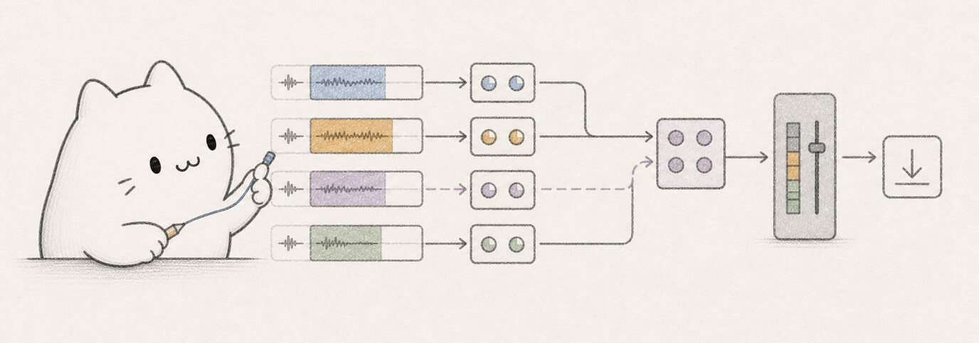 Cute hand-drawn Miaou cat tracing track signal flow through effects, bus, master, and export.
