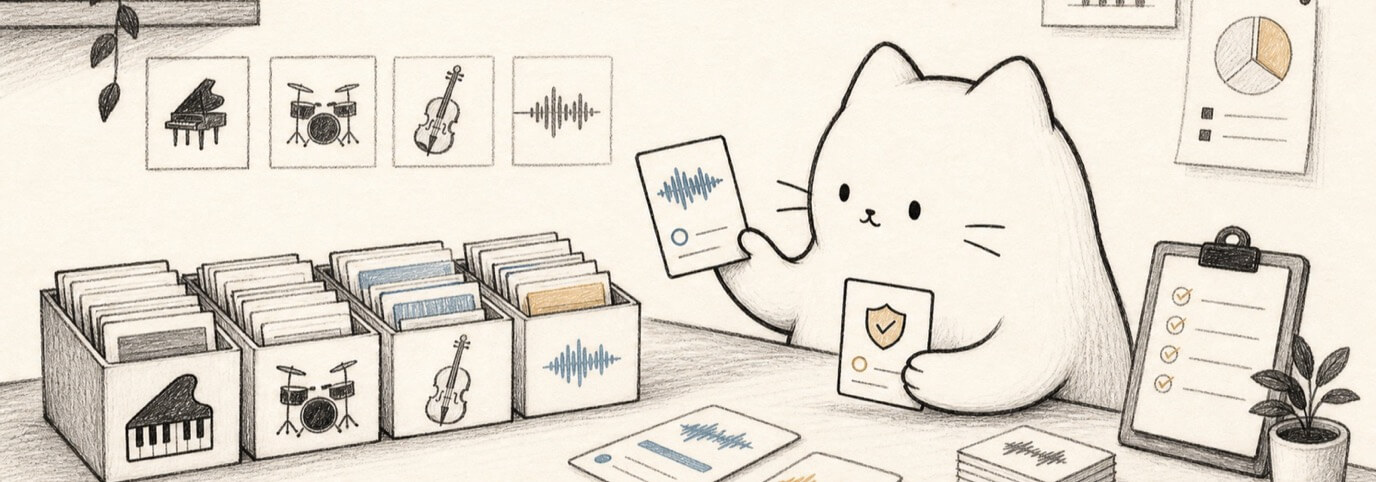 Cute hand-drawn Miaou cat checking sound source cards, sample boxes, instrument icons, and a license checklist.