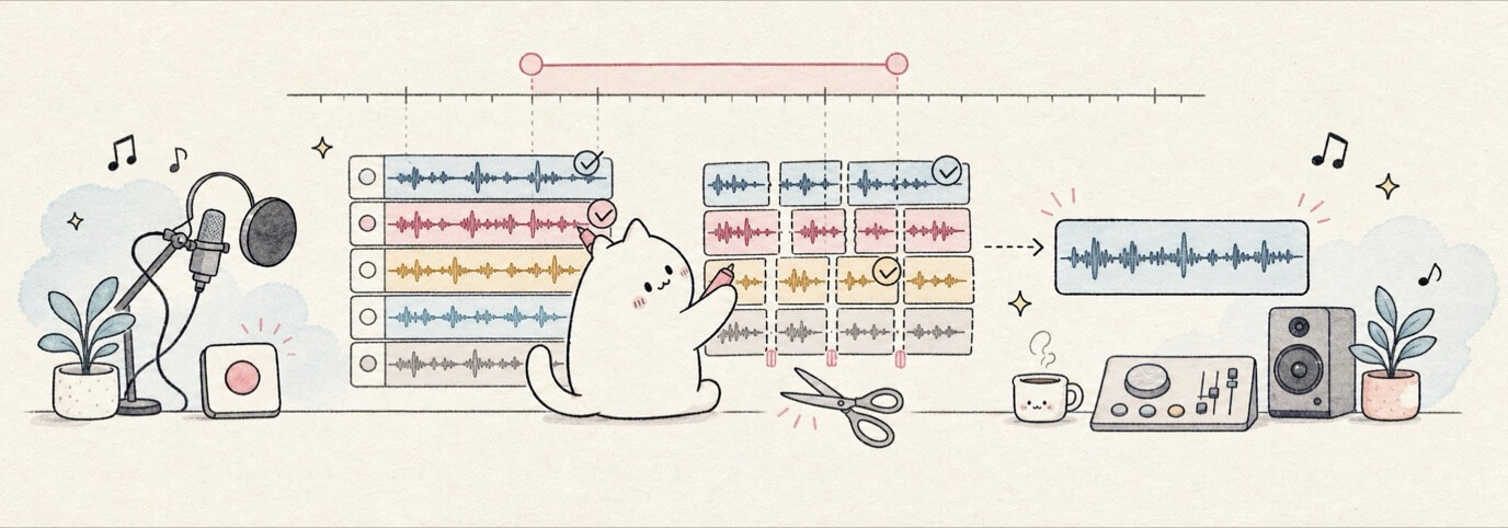 Cute hand-drawn Miaou cat choosing loop-recorded takes and building a simple comp.