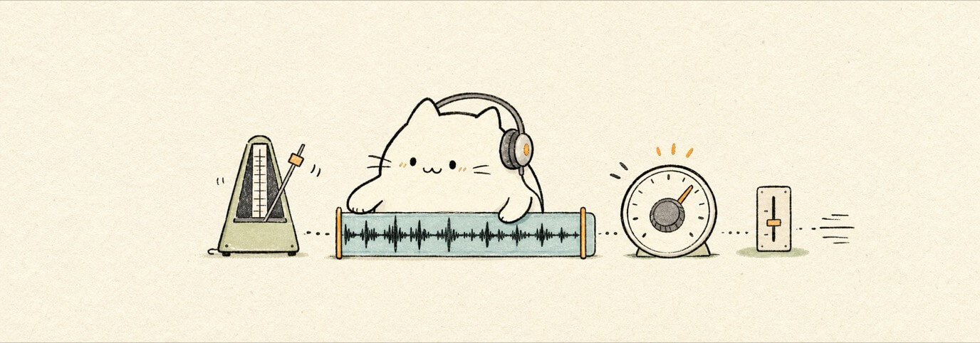 Cute hand-drawn Miaou cat matching an audio loop to the project tempo.