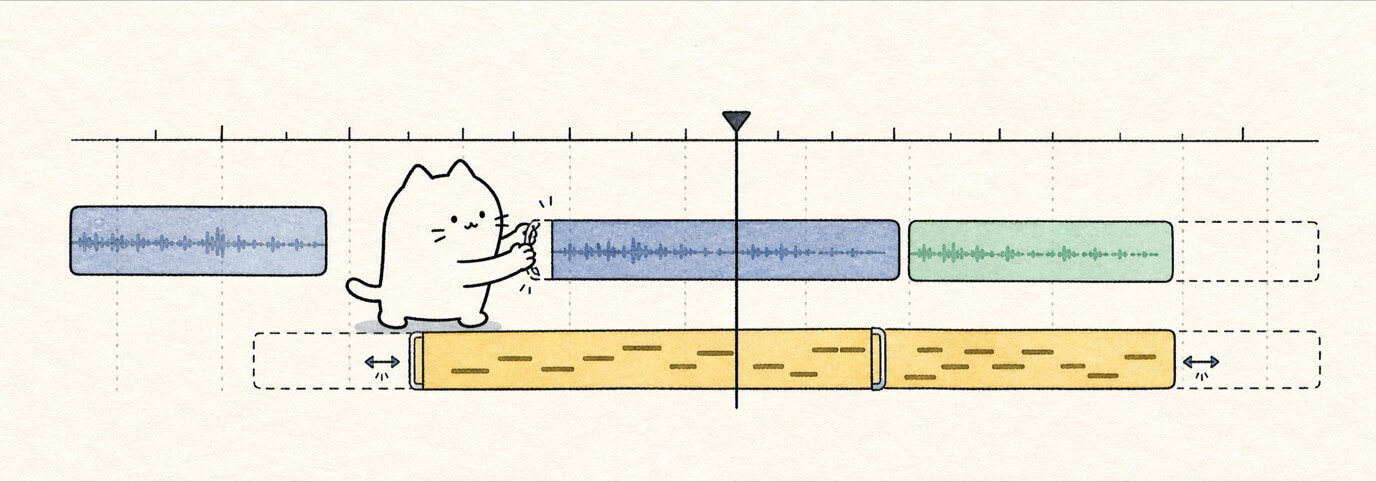Cute hand-drawn Miaou cat moving regions on a timeline ruler.