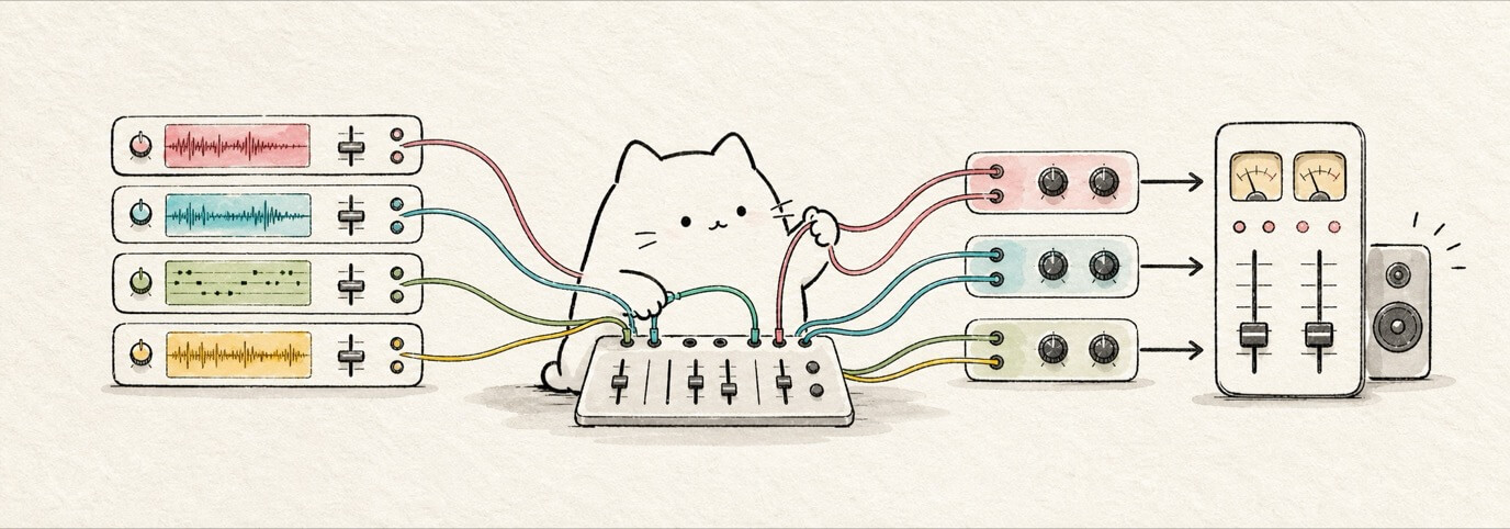 Cute hand-drawn Miaou cat patching tracks through buses and master output.