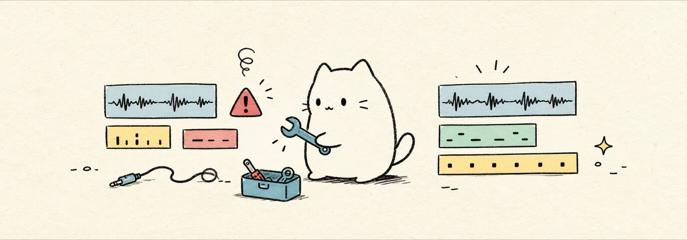 Cute hand-drawn Miaou cat fixing a small music bug with a wrench.