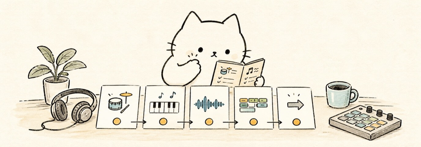 Cute hand-drawn Miaou cat following small workflow recipe cards.