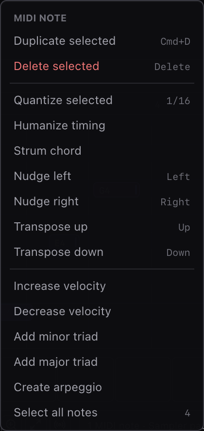 Miao MIDI note context menu with quantize, humanize, strum, transpose, velocity, triad, and arpeggio actions