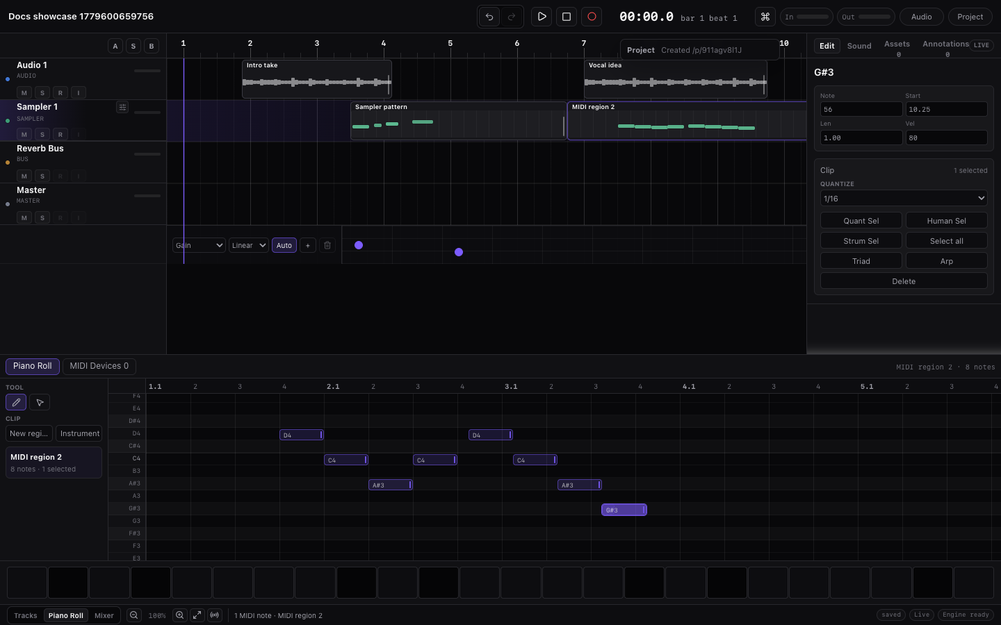 Miao piano roll with a MIDI region and note editor