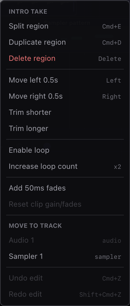 Miao region context menu with split, duplicate, delete, move, trim, loop, fades, and track move actions