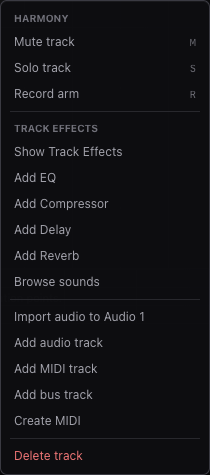 Miao timeline context menu with Import audio here