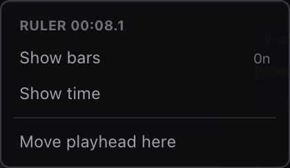 Miao timeline ruler context menu with show bars, show time, and move playhead here actions