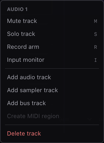Miao track context menu with mute, solo, record arm, input monitor, add track, create MIDI region, and delete track actions